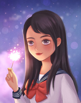 放煙花女孩插畫