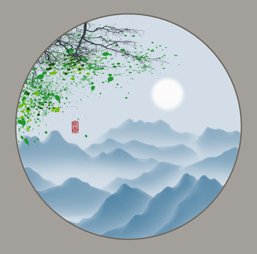 圓形水墨山水