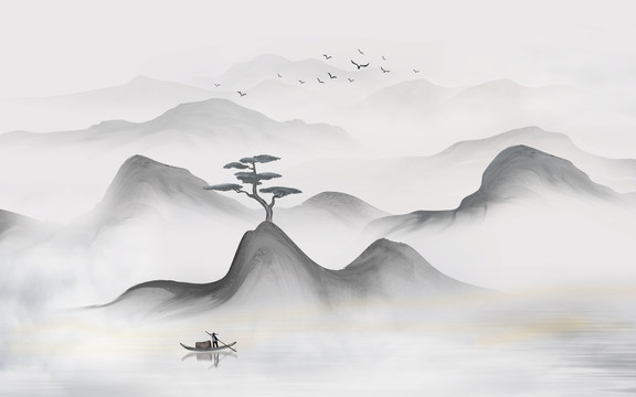 迎客松水墨山水画