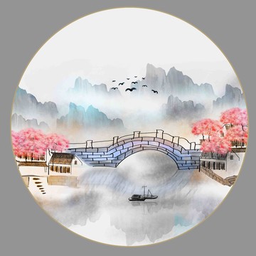 水墨桃花山水畫
