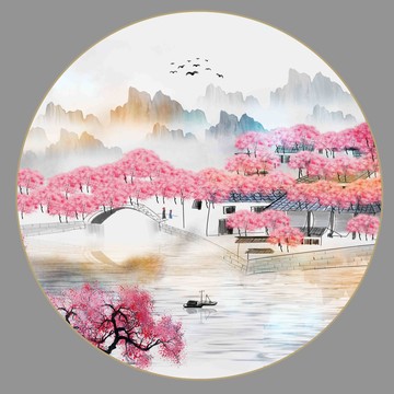 水墨江南桃花风景