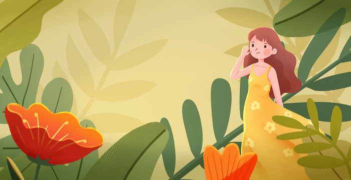花卉植物包圍下的少女