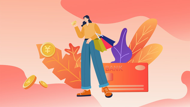 時尚女人銀行卡購物袋插畫