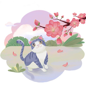 黄昏下的猫咪与花朵