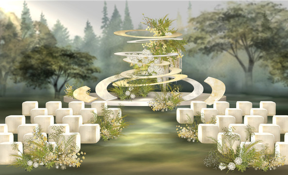 粉黃白戶外婚禮花藝效果圖