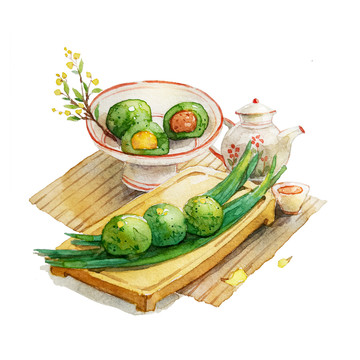 手繪水彩風(fēng)清明節(jié)艾草青團(tuán)