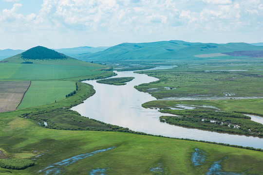 俯拍中俄边境额尔古纳河