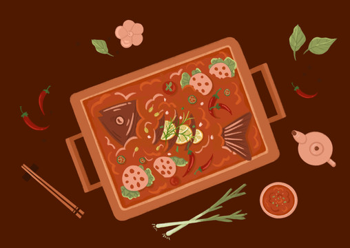 美食烤鱼插画海报素菜