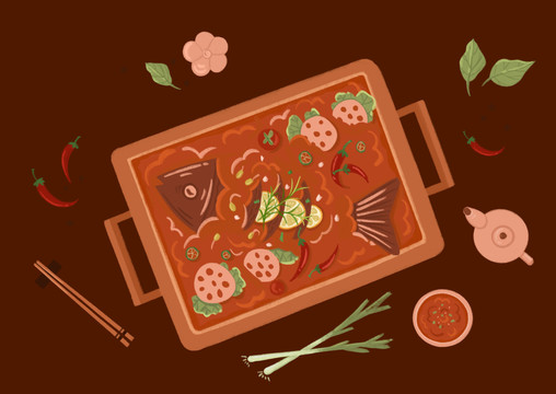 美食烤魚插畫海報素菜
