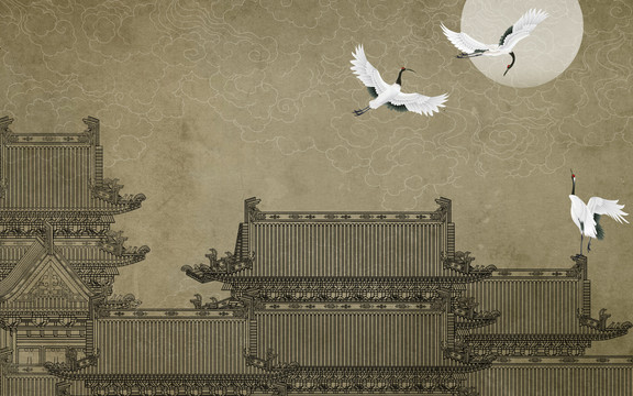 玉蘭樓閣仙鶴背景墻