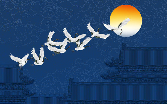 玉蘭樓閣仙鶴背景墻