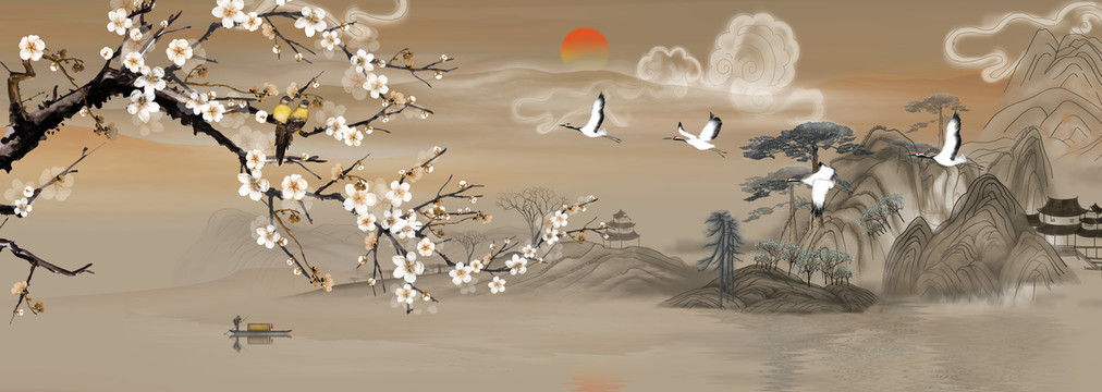大型國潮山水花鳥壁紙壁畫