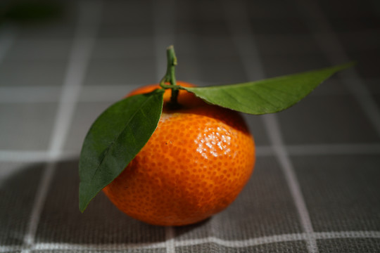 格子桌布上一个橘子