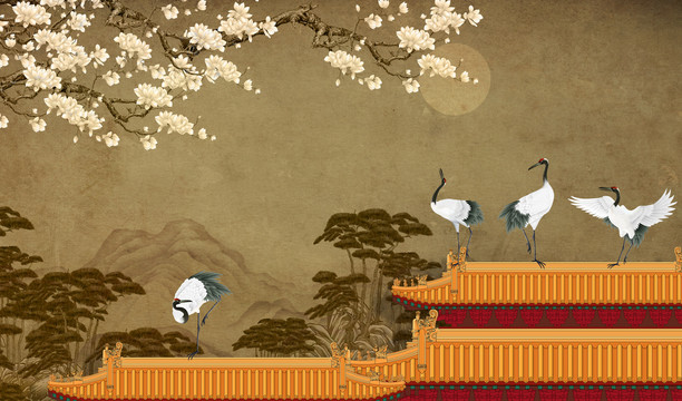 復(fù)古玉蘭樓閣仙鶴背景墻