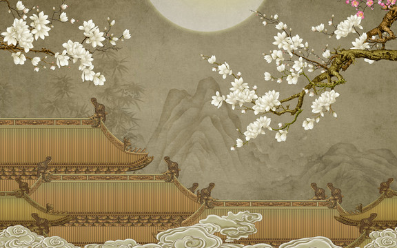 玉蘭樓閣復(fù)古背景墻