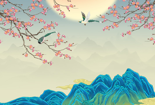 梅花山水背景墻