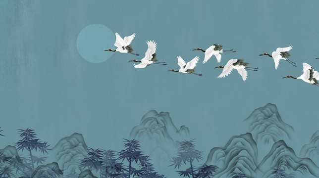 仙鶴山水背景墻