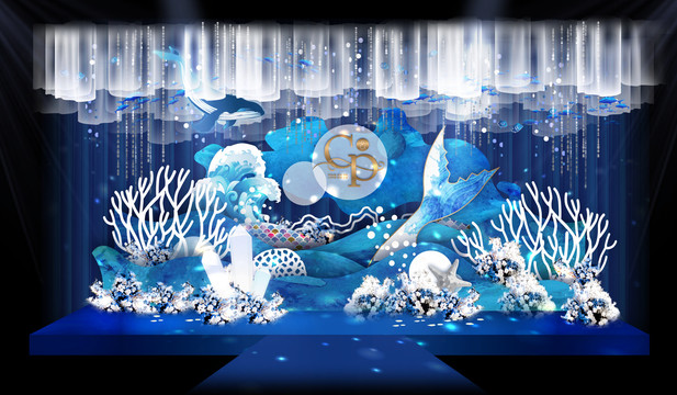 藍(lán)色夢(mèng)幻珊瑚海洋風(fēng)格鯨魚婚禮
