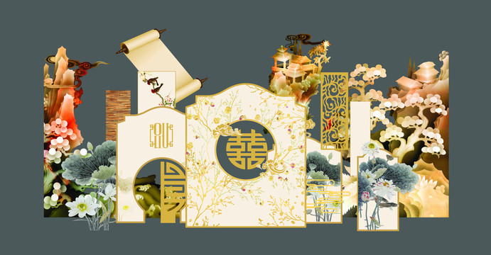 中式復(fù)古庭院山水卷軸荷花
