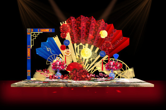 中式扇子红蓝古典花纹婚礼背景