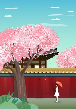 宮墻櫻花樹下長發(fā)女孩踏春郊游