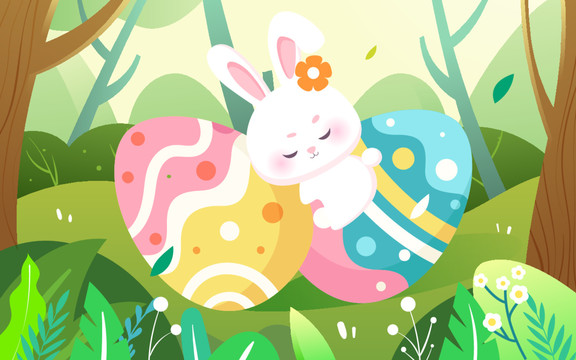 复活节兔子彩蛋春天森林插画