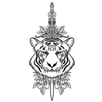 老虎纹身图案黑白插画设计
