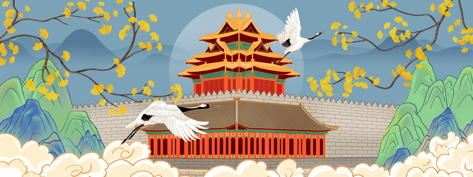 角樓銀杏山水插畫