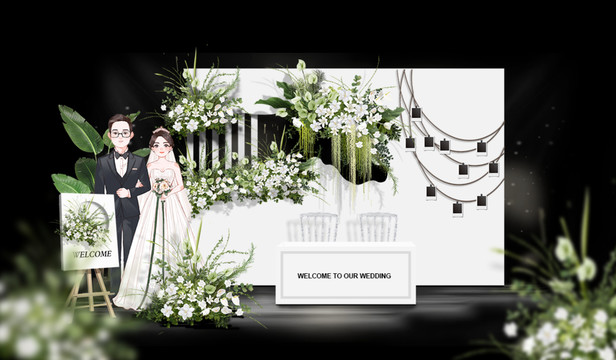 室外草坪韓式白綠婚禮簽到區(qū)