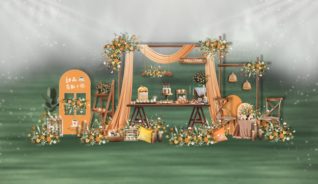 橙色户外婚礼甜品区
