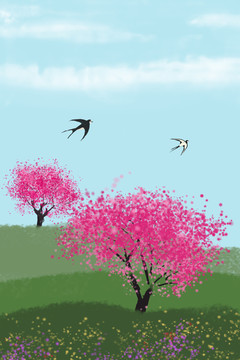 春天綠草地燕子飛過桃花林插畫
