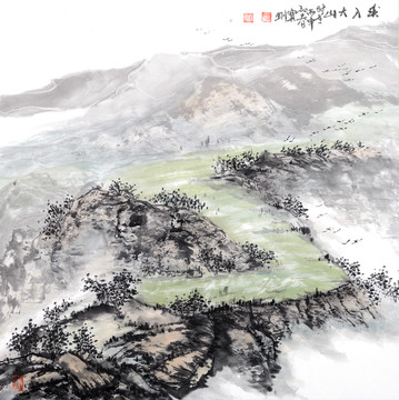新中式山水斗方國(guó)畫