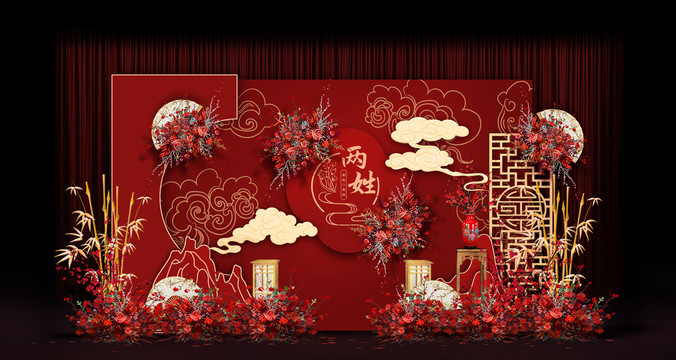 紅色中式婚禮手繪效果圖