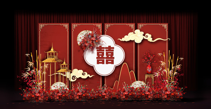 紅色中式婚禮手繪效果圖
