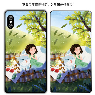 手繪獨(dú)自春游的女孩手機(jī)殼印花