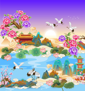 國潮山水仙景矢量插畫