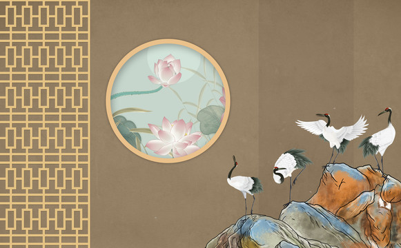 中式窗花背景墻仙鶴花鳥