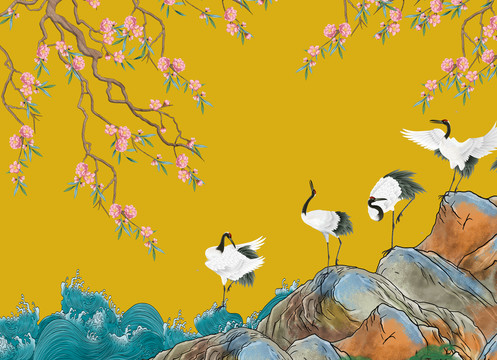 梅花仙鶴背景墻