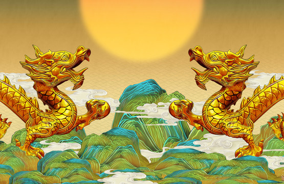 原創(chuàng)獨(dú)家手繪山水金龍雙珠