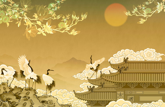 樓閣仙鶴背景墻