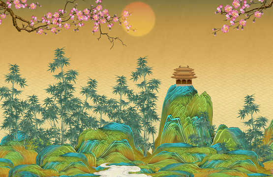 青綠山水仙鶴背景墻