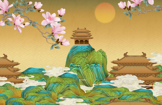 青綠山水仙鶴背景墻玉蘭