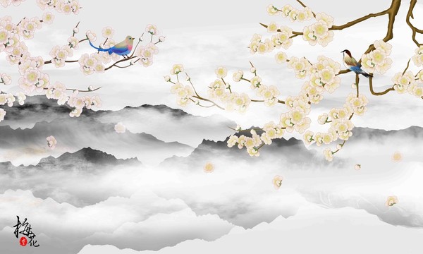 梅花水墨花鳥山水