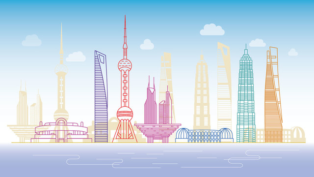 上海矢量插畫(huà)地標(biāo)建筑剪影線稿