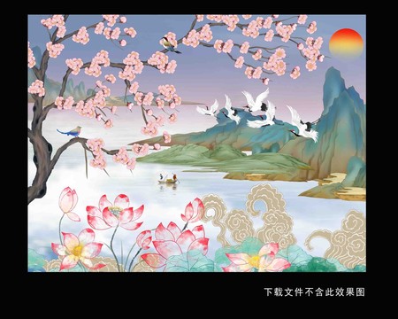 国潮花鸟水墨山水插画