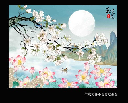國潮花鳥水墨山水插畫