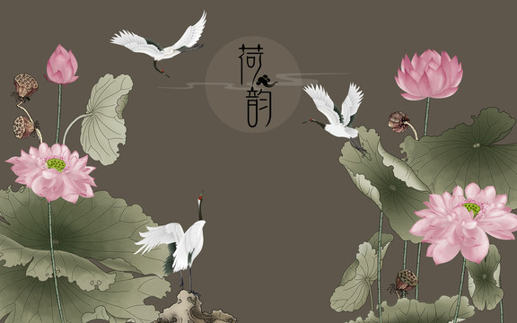 荷韻手繪荷花背景墻