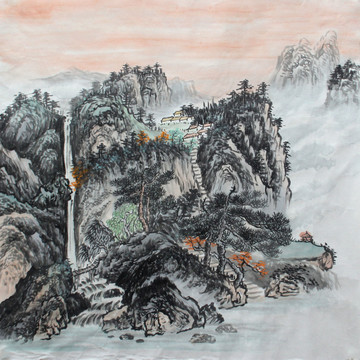 手繪國畫山水畫流水生財高清圖