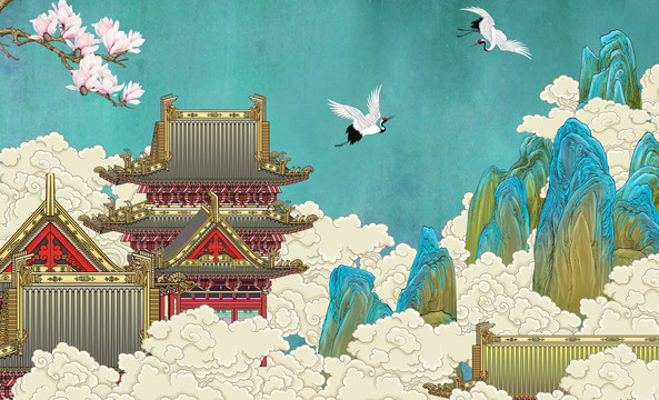 樓閣山水云紋背景墻