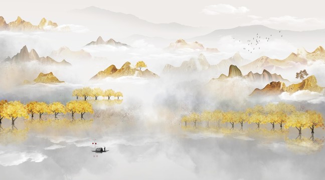 巨幅金色水墨山水畫